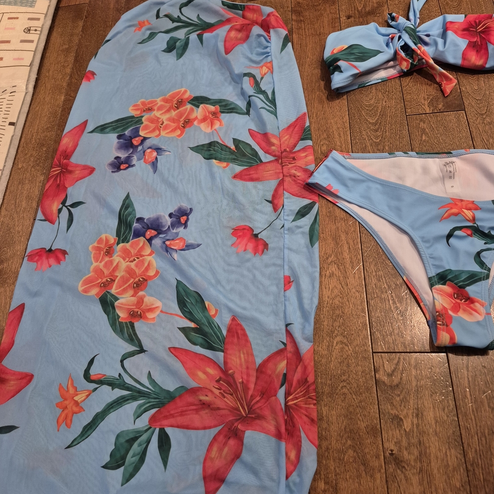 SHEIN Light Blue Floral Bikini Set with Red & Orange Flowers